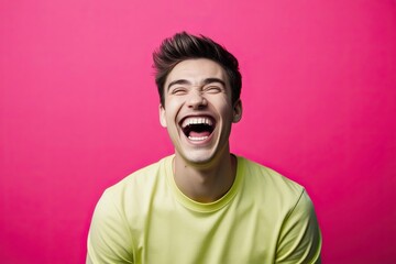 Fototapeta premium Lively Young Man Portrait Smiling Against Vibrant Fuchsia Background