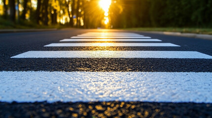 zebra crosswalk markings on a clean, black asphalt road. The distinct lines symbolize safety, order, and the intersection between pedestrian and vehicular movement