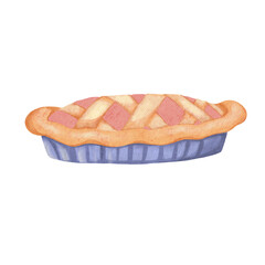 Watercolor berry pie isolated on white background png. Illustration of homemade baked goods, sweet flour products in doodle style