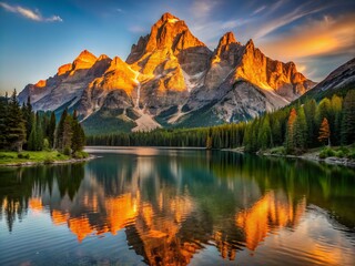 Golden Hour Glow illuminates rugged peaks towering above a peaceful lake