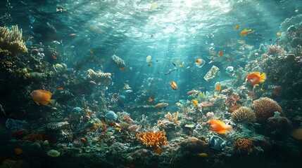 A vivid underwater scene depicting a dying coral reef with bleached corals, surrounded by a variety of colorful sea creatures, including tropical fish and sea turtles. The murky water highlights 