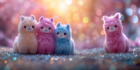 A charming plush llama toy basking in the glow of a pastel sunset on a sparkling hill, creating a whimsical moment of tranquility