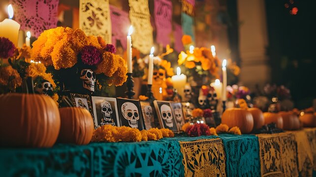 A vibrant Halloween celebration infused with elements of D&iacute;a de los Muertos, featuring a festive altar adorned with colorful papel picado banners, marigolds, and intricately decorated sugar 