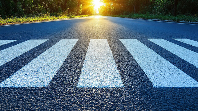 zebra crosswalk markings on a clean, black asphalt road. The distinct lines symbolize safety, order, and the intersection between pedestrian and vehicular movement