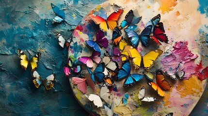 Fototapeta premium An artistic composition of an artist’s paint palette with a spectrum of vivid colors, where multicolored butterflies are bursting forth. The butterflies, with their delicate wings showcasing 