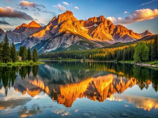 Obraz premium Calm lake waters reflect the grandeur of the mountain range, as the first light of day casts a warm, golden glow that accentuates the rugged ridges and serene atmosphere.