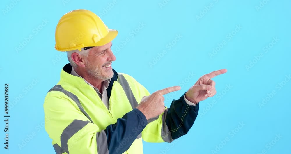 Aufkleber pointing, smile and face of construction worker in studio with mockup space for building option or d