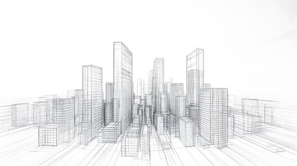Abstract wireframe city background. Perspective 3D render of building wireframe. Vector. 