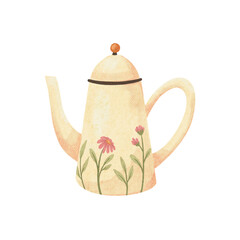 Cute teapot with a floral print in watercolor technique, isolated on a white background. Watercolor isolated old teapot. Tea drinking, beautiful serving