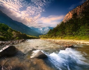 A fast-flowing stream cutting through a mountain valley, with rocks and trees