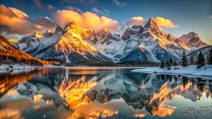 Snow-capped Mountains rise dramatically from serene lake waters, bathed in warm golden light of sunrise, showcasing the rich textures of frozen peaks, and the mirror-like reflections of the calm lake.