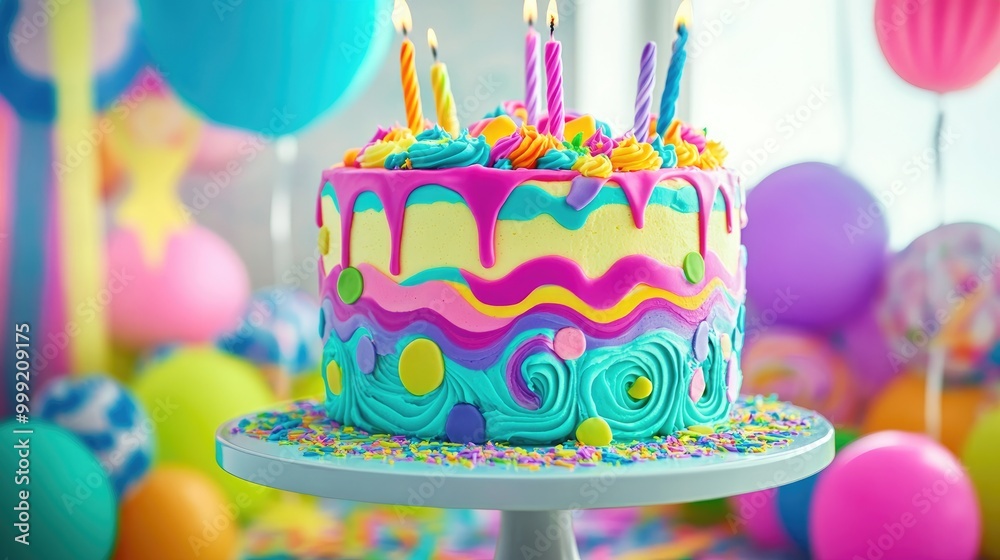 Wall mural a beautifully decorated birthday cake in neon colors with abstract frosting designs, set on a table 