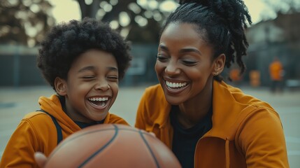 A joyful single mother playfully challenges her teenage son at a basketball court during a fun afternoon together