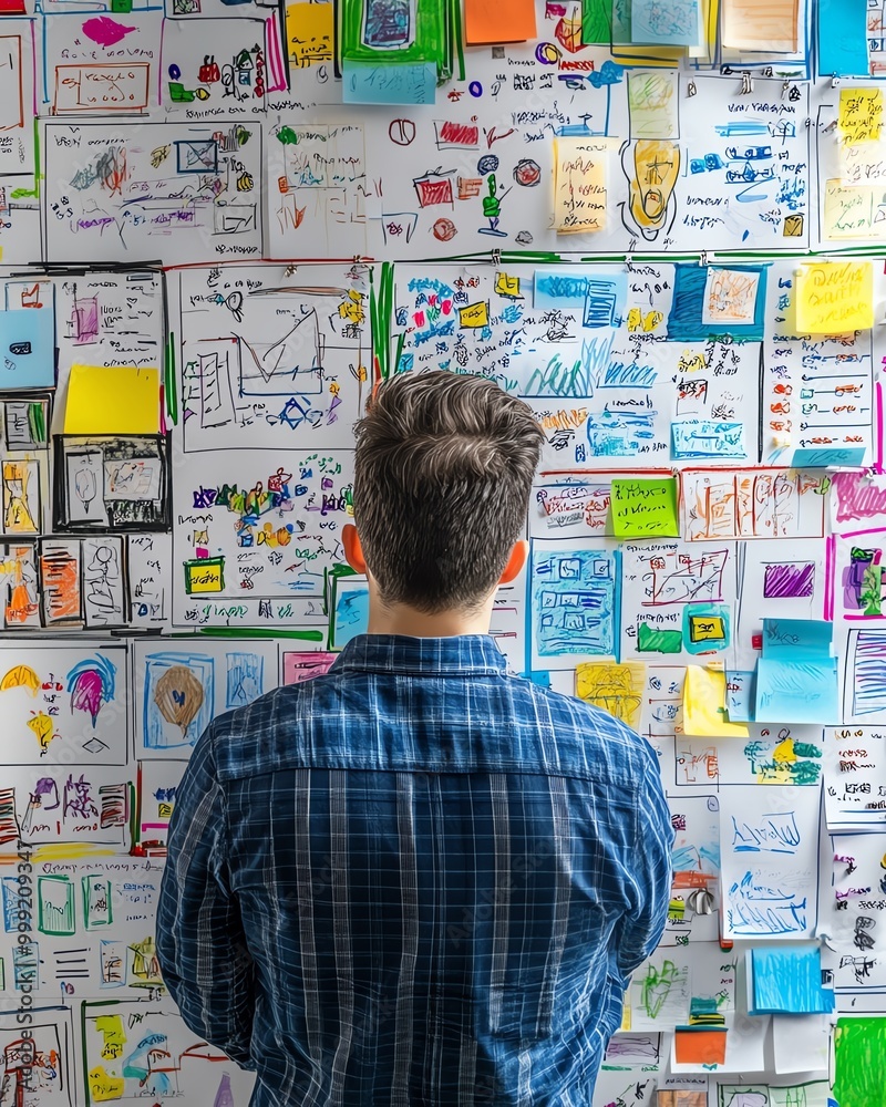 Wall mural a man observes a wall filled with colorful sketches and notes, representing creativity and brainstor