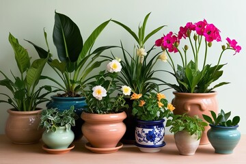 Obraz premium Charming Ceramic Pots with Diverse Flowering Houseplants on a Bright Background