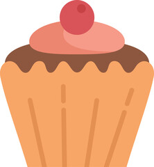 Single cupcake is sitting with chocolate and pink frosting and a cherry on top