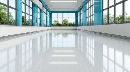 Obraz premium Modern Office Corridor with Blue Walls Glass Windows and Shiny Floor