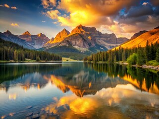 Obraz premium Dramatic contrasts unfold as the first light of day touches the distant mountain ridges, bathing the tranquil lake in warm golden tones, and highlighting the majestic landscape's vast expanse.