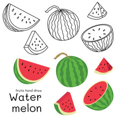 Watermelon doodle hand drawn outline and colors for kid, Package, labels Design element. Vector illustration
