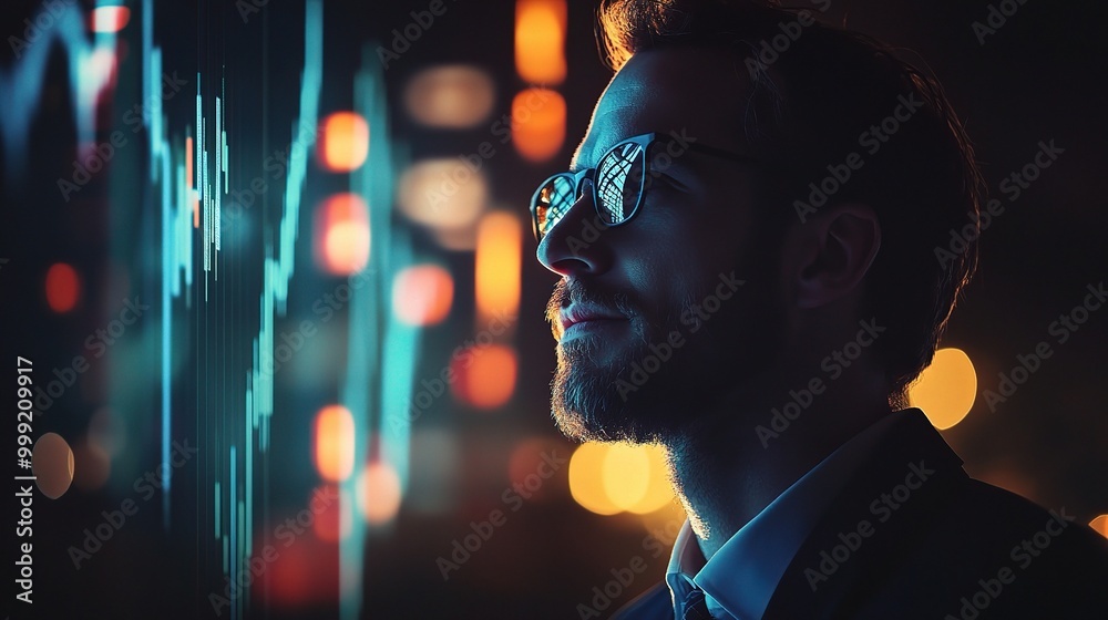 Wall mural Man Analyzing Data Trends at Night