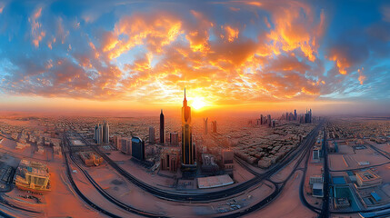Cityscape with Golden Sky at Sunset: An Aerial View of a Modern City