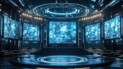 Futuristic Stage with Blue Neon Lights and Digital Screens - Sci-Fi Concept for Presentation or Event.