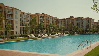 Modern Swimming Pool Design With Palm Trees and Apartments 2