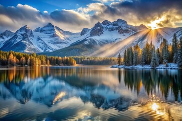 Morning sunbeams illuminate snow-dusted mountainsides standing tall above serene lake's glassy waters showcasing dramatic interplay of light and shadow.