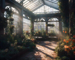 Gewächshaus mit üppiger Vegetation im warmen Morgenlicht - Ai-Ki generiert