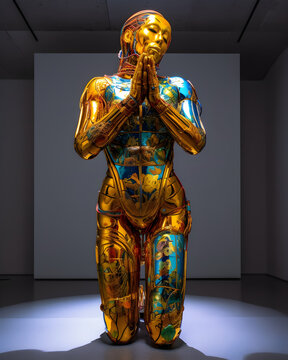 Futuristische goldene Roboterfigur in kniender Pose mit k&uuml;nstlerischen Verzierungen - Ai-Ki generiert