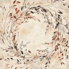 Watercolor Painting of Elegant Branch with Leaves in Brown Tones on Beige Background.