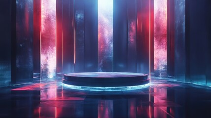 Futuristic Neon Lights and Glowing Platform for Product Display, Abstract Background.