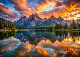 Morning sun burst above lake surface reflecting kaleidoscope colors of surrounding rugged peaks