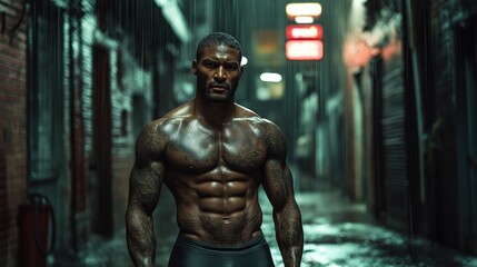 Obraz premium A tattooed fighter stands in a rain-soaked alleyway ready for combat under flickering neon lights