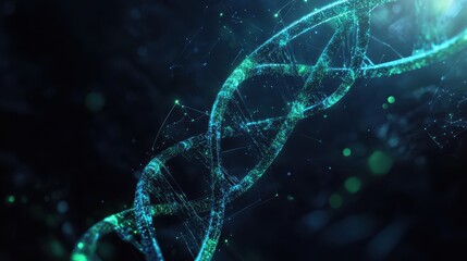 Abstract Blue and Green DNA Double Helix on Dark Background.