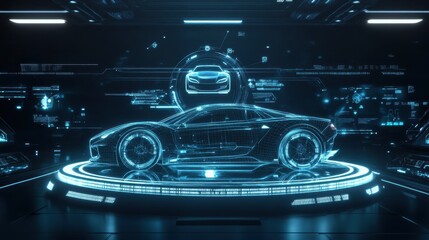 Futuristic Holographic Car Design with Blue Neon Lights and Digital Interface in Dark Room.