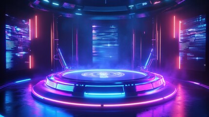 Futuristic Neon Platform with Glowing Lights and Data Display - 3D Rendering.