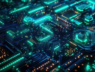 Abstract Futuristic Circuit Board with Glowing Green and Orange Lights.
