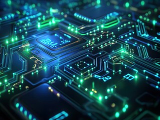 Abstract Close-up of a Futuristic Circuit Board with Glowing Green and Blue Lights - Technology Background