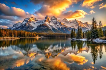 Panoramic sunrise casts warm golden light over snow-capped peaks towering above calm lake waters mirroring vibrant colors of rugged landscape.