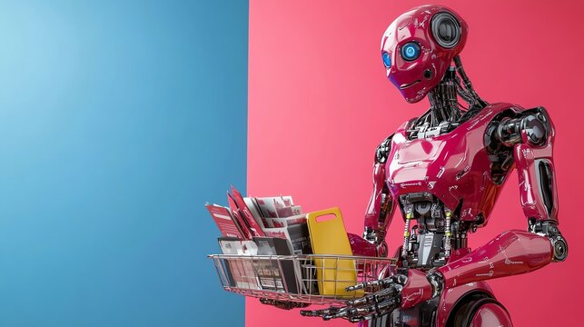 A vibrant robot holding shopping items, showcasing the fusion of technology and lifestyle in a colorful environment.