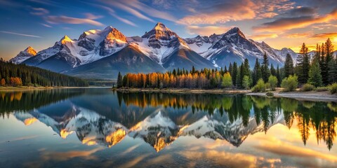 Morning's Soft Radiance touches snow-capped peaks, whose rugged beauty is reflected in the still waters of a mountain lake, creating a breathtaking scene of contrasts.