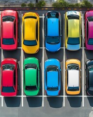 Aerial view of colorful parked cars in a lot, showcasing vibrant hues and organized spaces.