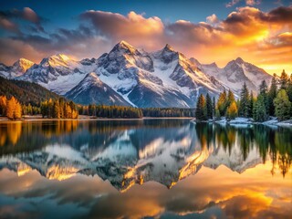 Tranquil Lake Mirrors the Beauty of Snow-Capped Mountains Under Warm Light