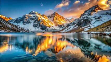 Rising sun casts a warm ambiance upon snow-covered mountain range dramatic shadows accentuate rugged terrain creating stunning contrast with serene lake's glassy surface.