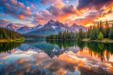 Soft dawn light spills across the landscape warming the mountaintops and casting a kaleidoscope of colors on the serene lake's surface as the world awakens to a new day.