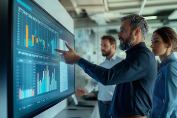 A dynamic, professional office setting where a diverse group of colleagues is engaged in a presentation.