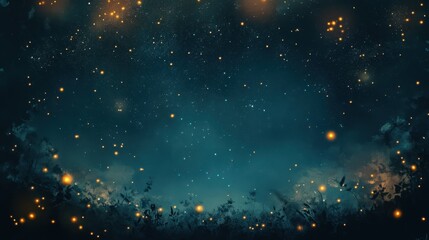 Magical Night Sky with Glowing Lights and Silhouettes of Trees - Abstract Background for Fantasy and Dreamy Designs.