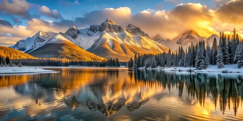 Obraz premium Golden Light pours over snow-covered mountain range, amplifying rich hues and textures of winter wonderland, mirrored in serene lake's glassy surface, evoking sense of peaceful morning.
