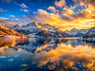 Expansive vistas of snow-covered mountains stretch towards the horizon, bathed in the golden light of dawn, with the lake's gentle ripples mirroring the scenic beauty.